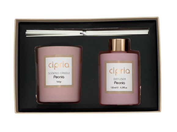 SET DIFFURORE PER AMBIENTE + CANDELA "PEONIA"