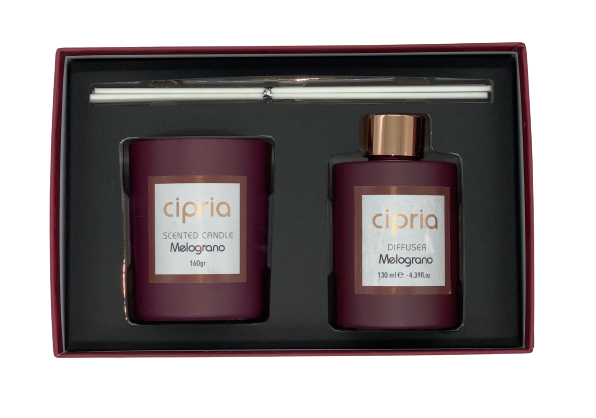 SET DIFFURORE PER AMBIENTE + CANDELA "MELOGRANO"